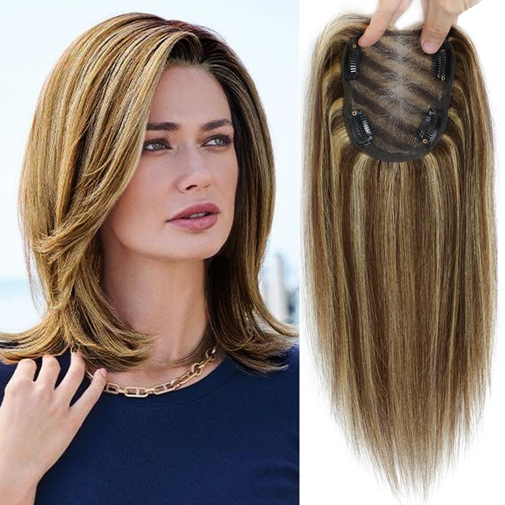Blonde Hair Toppers for Thinning Hair - Real Human Mix Brown Blonde Topper, Silk Base - 10x12cm, 12inch