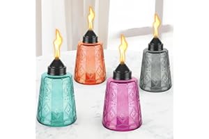 KINTKITA Table Top Torches for Outside 4 Pack, Multi-Color Glass Citronella Torches Outdoor with Wicks & Cap, 12 oz Refillable Outdoor Torch Canisters Lanterns for Yard Garden Décor,Party,Patio,Landscape