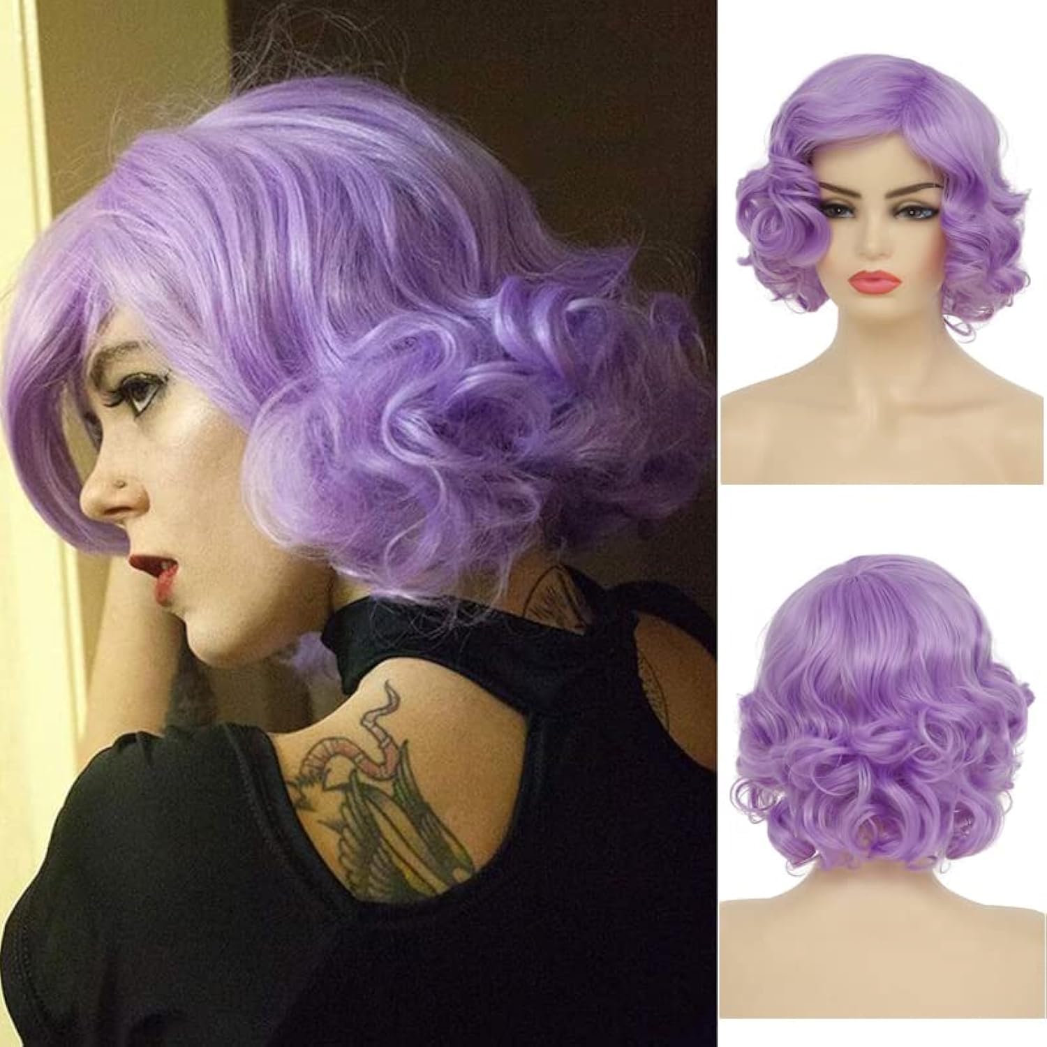 Baruisi Short Curly Purple Wigs for Women Synthetic Natural Wavy Costume Cosplay Party Wig,Light Purple