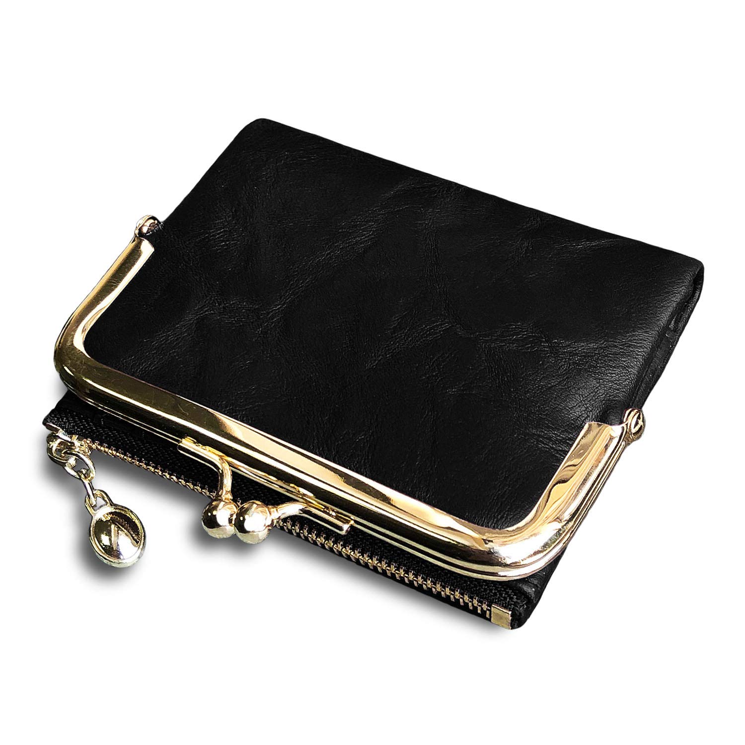 Pofee Womens Wallet RFID Small Compact Bifold Leather Vintage Wallet,Ladies Coin Purse with Zipper and Kiss Lock, Black, S