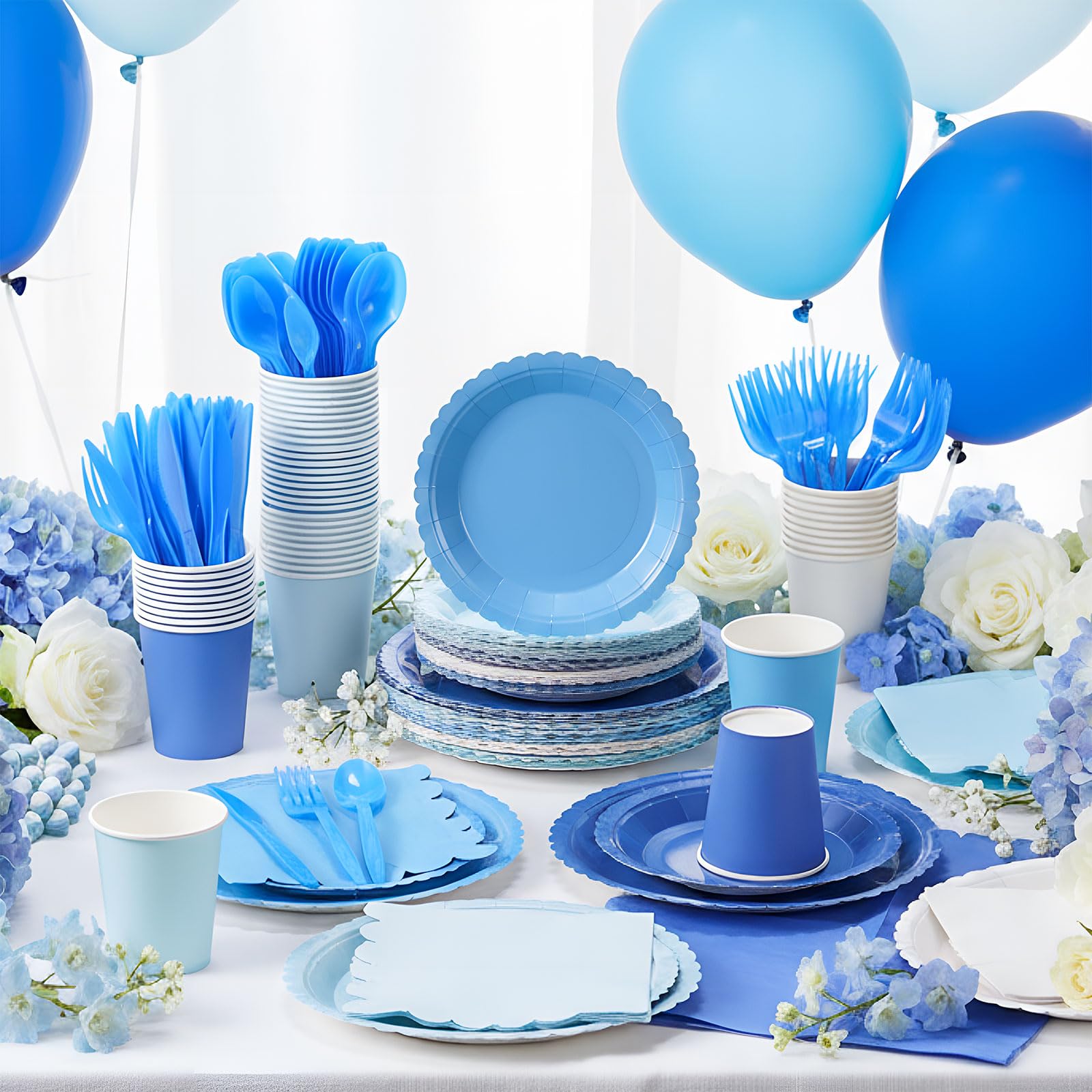 Condition photo showing As Is for zhehao 350 pcs blue party supplies set blue disposable tableware kit with plates, cups, napkins, cut