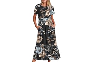 LEHOZIHEQ Summer Dress for Womens Short Sleeve Long Maxi Dress Plus Size Boho Floral Print Dresses with Pockets