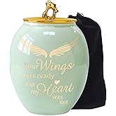LINES ARTE Medium Urns for Human Ashes Adult Female 50 Cubic Inches, 6.7x5.2 Inch Medium Size Ceramic Cremation Urn for Mom/Sister/Women with Green Angel Wings