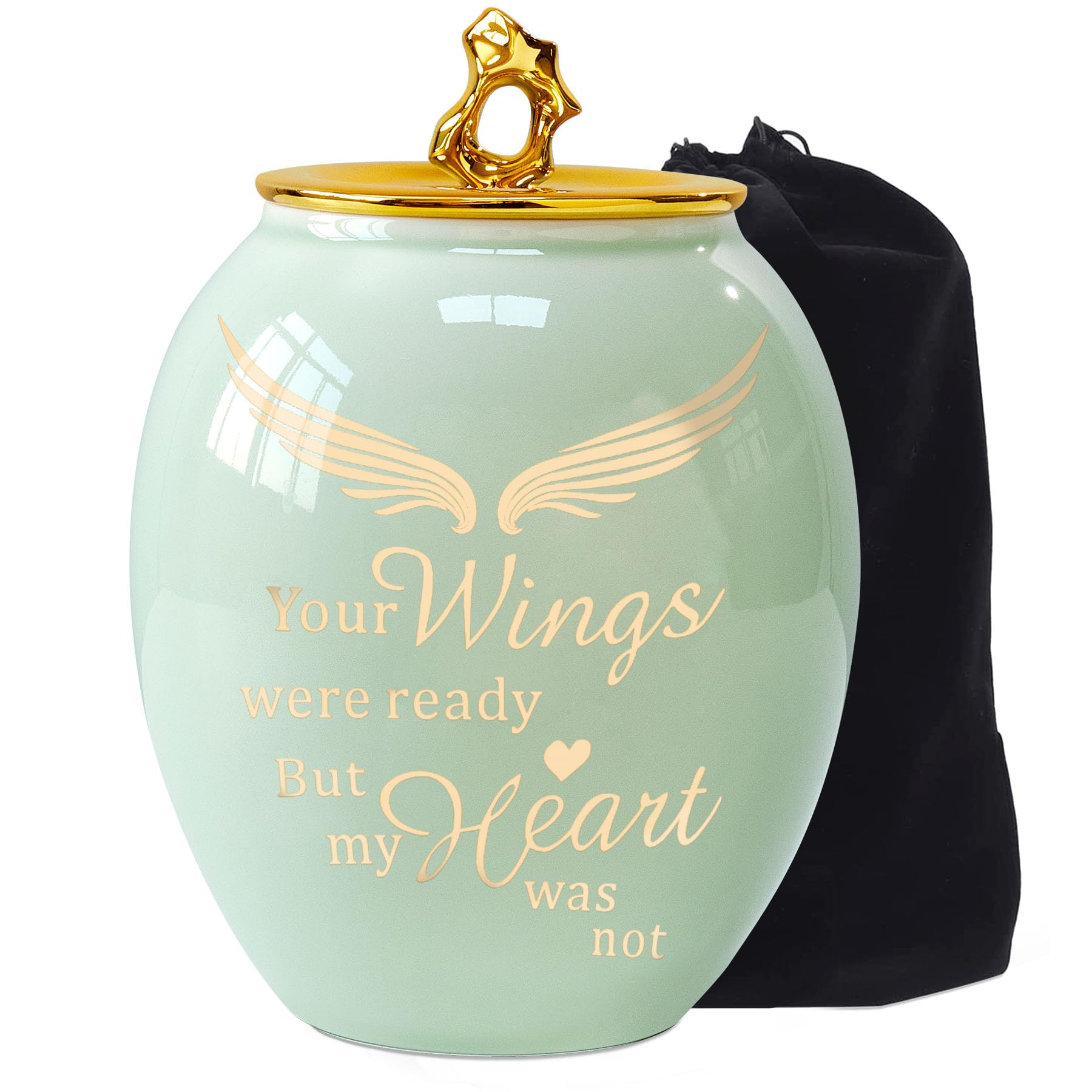Photo 1 of LINES ARTE Medium Urns for Human Ashes Adult Female, 6.7x5.2 Inch Medium Size Ceramic Cremation Urn for Mom/Sister/Women with Green Angel Wings