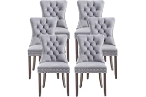 Kiztir Velvet Dining Chairs Set of 6, Upholstered Dining Room Chairs with Ring Pull Trim and Button Back, Luxury Tufted Dining Chairs for Living Room, Bedroom, Kitchen (Light Grey)