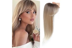 Insmi Hair Topper with Bangs, 360 3D Cover, Fluffy Toppers for Women, Ombre Light Brown to Blonde, 18 Inch x 2.8 Inch, Synthetic Hair, Layered Straight