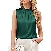 Funlingo Womens Satin Tank Tops Summer Sleeveless Mock Neck Dressy Blouses Pleated Work Shirts Business Casual Outfit