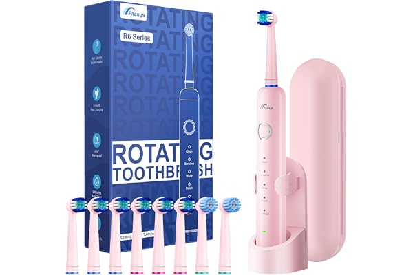 Rtauys Rotating Electric Toothbrush for Adults – 8 Brush Heads (2-Year Supply) + Travel Case, 50,000 VPM Rechargeable Toothbr