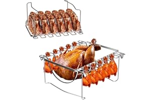 BBQ777 Chicken Leg Holder, Rib Rack, Turkey Rack for Grilling, Foldable Chicken Drumstick Holder for Grills, 3-in-1 Meat Smoker Accessories for Traeger Rib Rack, Pitboss Pellet Smoker, Oven, Stainless Steel