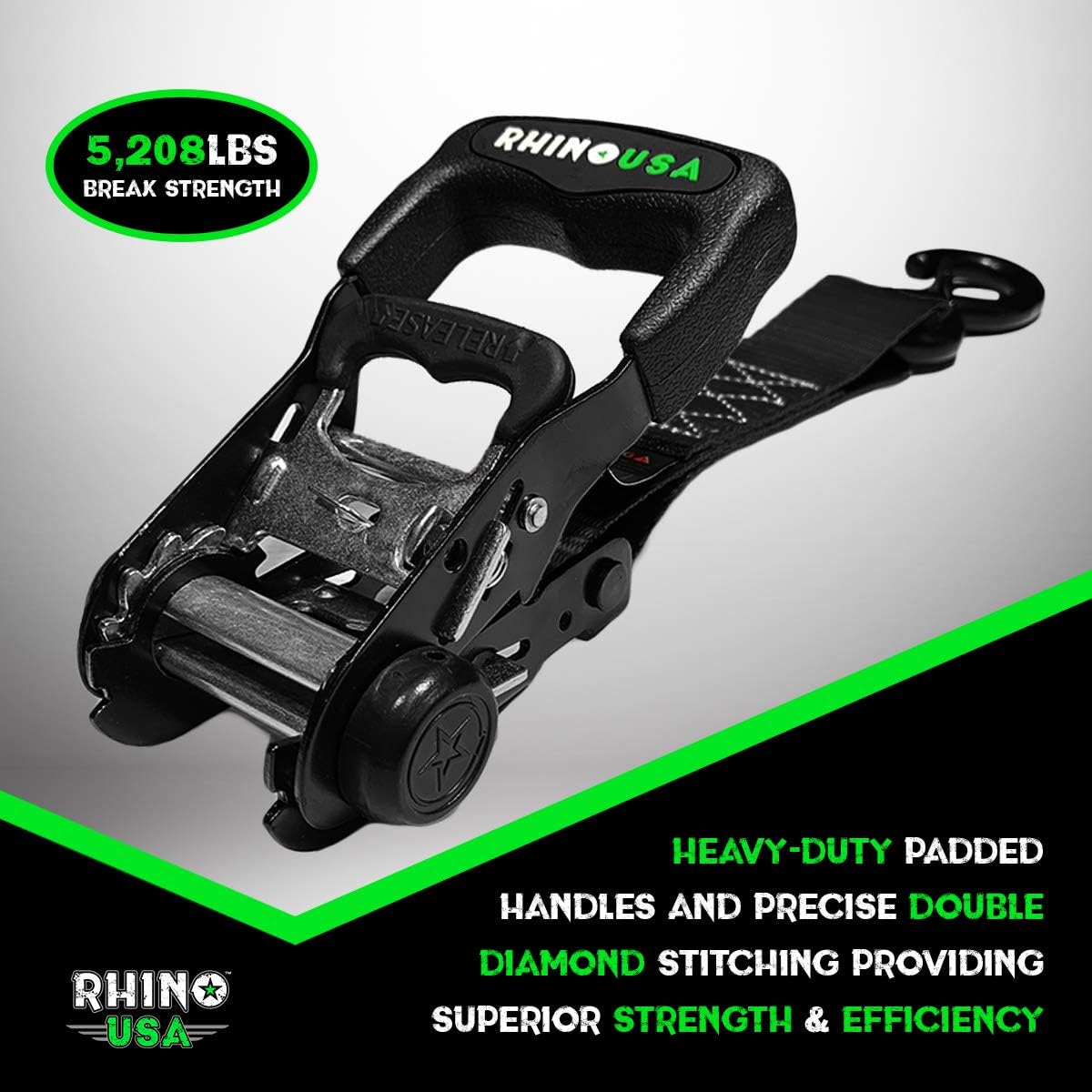 Rhino USA Ratchet Straps Heavy Duty Tie Down Set, 5,208 Break Strength - (4) Heavy Duty 1.6" x 8' Cargo Tiedowns with Padded Handles & Coated Chromoly S Hooks + (4) Soft Loop Tie Downs Strap (Black): Automotive