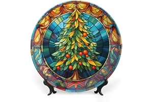GOKAYS Christmas Decorative Plates for Wall Hanging, Colorful Christmas Tree Ceramic Plate, Stained Glass Style Wobble-Plate with Display Stand, Home Decor for Kitchen Cabinets, Farmhouse Round Tray 10 Inch