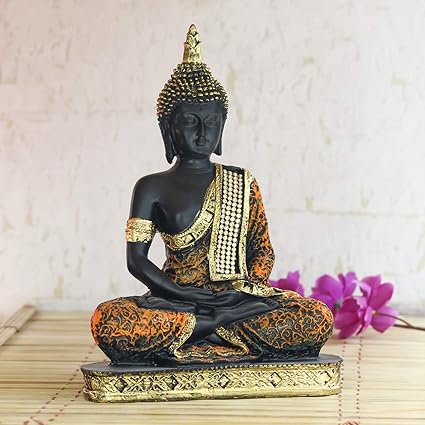 eCraftIndia Polyresin Sitting Buddha Idol Statue for Showpiece (Orange and Black)