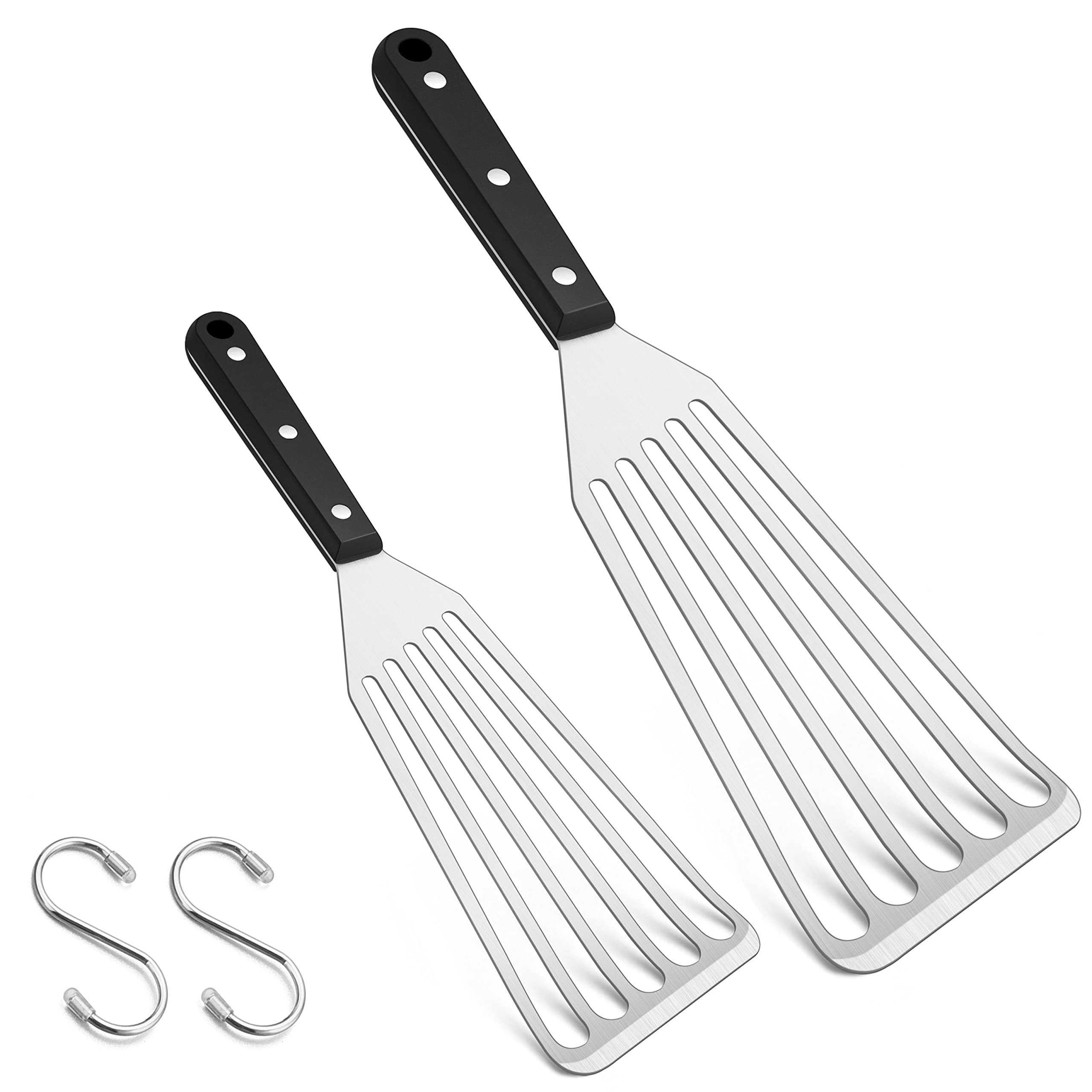 HaWare Fish Spatula, Stainless Steel Slotted Turner with Solid ABS Handle, Flexible Metal Slotted Spatula for Cooking/Flipping/Frying/Grilling, Include S Hooks, Dishwasher Safe (2 Pcs, 27cm & 31.5cm)
