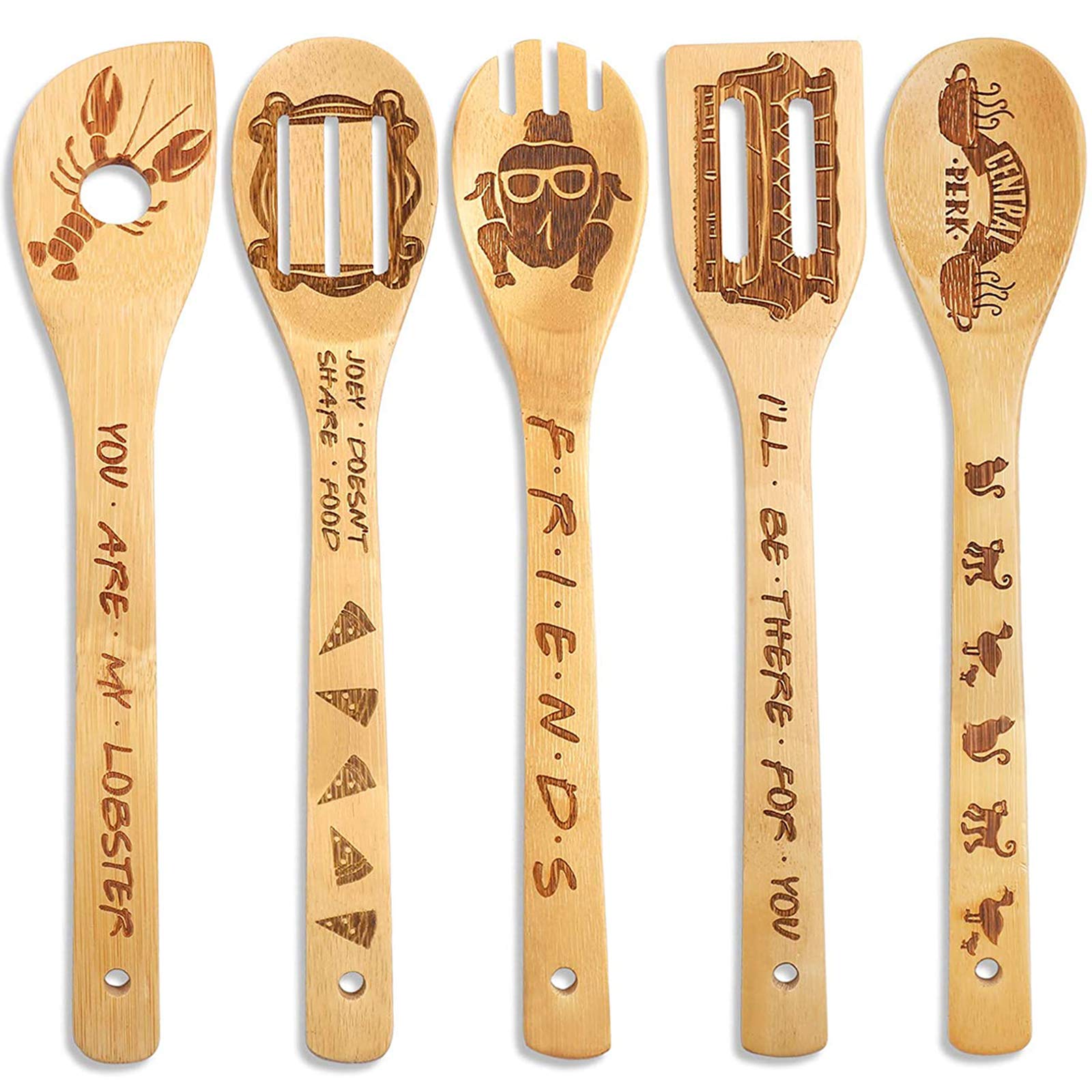 5 Pcs Wooden Spoons Cooking Utensils Set,Unique Friends Merchandise,Nature Wooden Kitchen Utensils Set,Cute Wooden Spatula for Kitchen Decor,Friends TV Show Gifts,Mothers Day Gifts