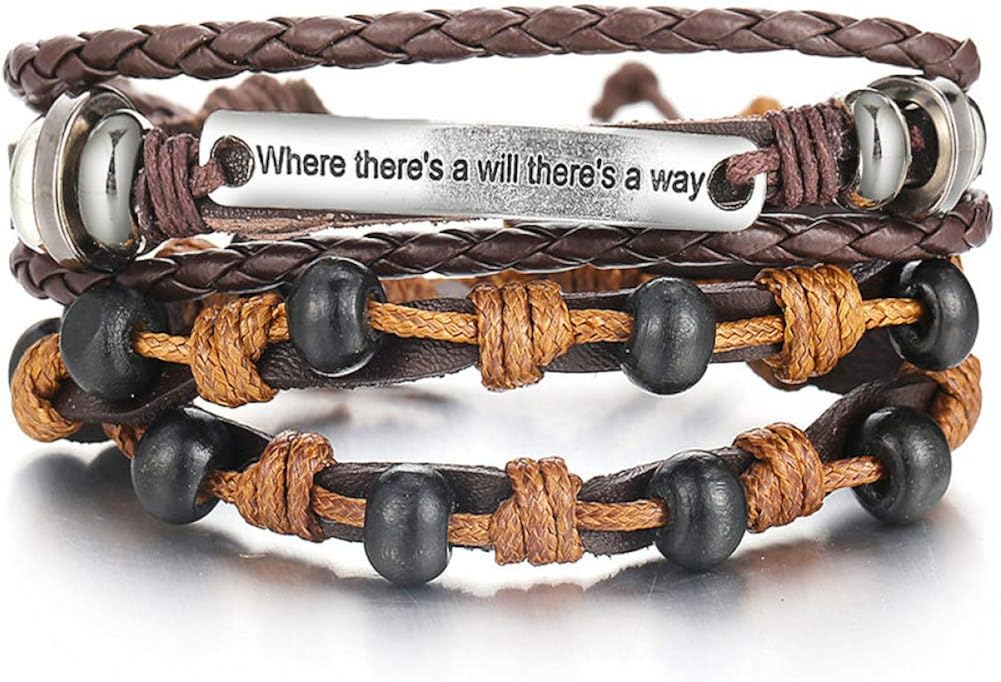 LKANG Men's Bracelet Wood Bead Male Multilayer Leather Bracelet Men