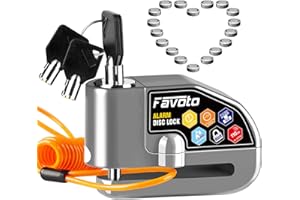 Favoto Alarm Disc Lock, 3 Keys and 18 Batteries (5-Year Availability), 110 dB Waterproof Anti-Theft Security Brake Padlock, 7mm Lock Pin with Reminder Cable, Fit for Motorcycle E-Bike Bicycle Scooter