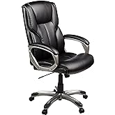 Amazon Basics Executive High Back Office Chair, Adjustable Height, Tilt, Swivel, Padded Seat, Bonded Leather, Wheels, Black/Silver