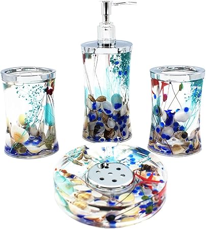 Eumat Ocean Series Bathroom Washing Accessories Set Bathroom Acrylic Storage Box 4pcs With Blue Glass And Sea Shell Toilet Accessories Amazon Co Uk Kitchen Home
