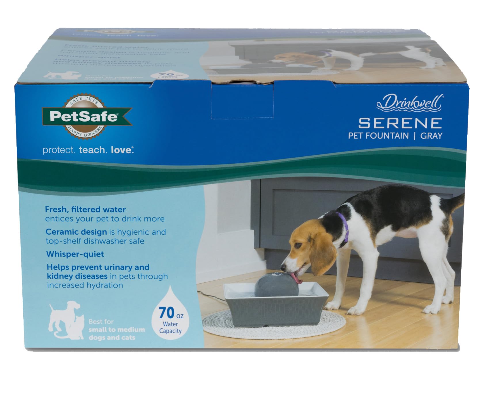 PetSafe Drinkwell Ceramic Pet Water Fountain - Quiet Automatic 70oz Dispenser for Cats & Dogs with Filters - Dishwasher Safe Square Design