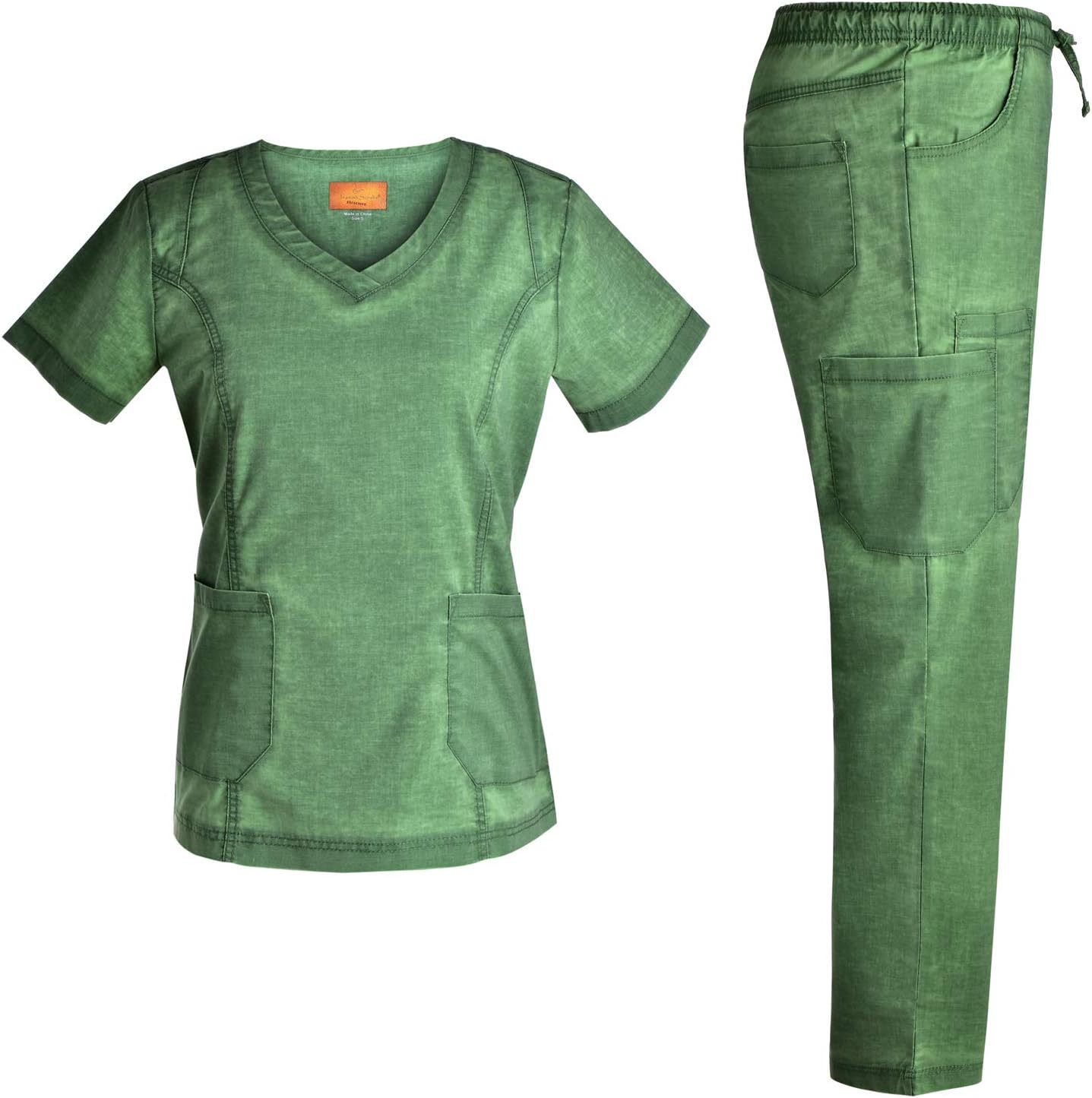 Women Stretch V Neck Set - Jeanish Washed Fashion Style 9 Pockets Fashion Workwear Top and Pants JS1604