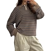 Womens Fall Striped Sweaters Tops Lapel Polo Knit Sweater Color Block Long Sleeve Casual Soft Pullover Shirt