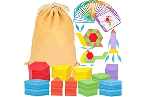 LovesTown 209 PCS Shapes Wooden Pattern Blocks for Kids, Geometric with Activity Cards and Storage Bag, Educational Tangram Puzzles,Great Learning Gift from Parents or Teachers