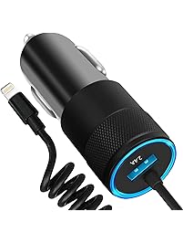 iPhone Car Charger, 4.8A Rapid USB Car Charger + Coiled Lightning Cable Compatible iPhone X/8/8 Plus/7/6s/6s Plus 5S 5 5C SE, iPad More