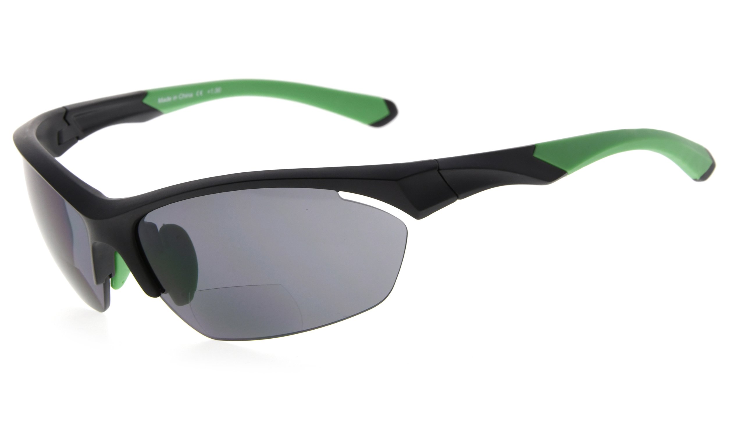 Eyekepper TR90 Sports Bifocal Sunglasses Baseball Running Fishing Driving Golf Softball Hiking Half-Rimless Reading Glasses (Black Frame Green Temple, 3.00)