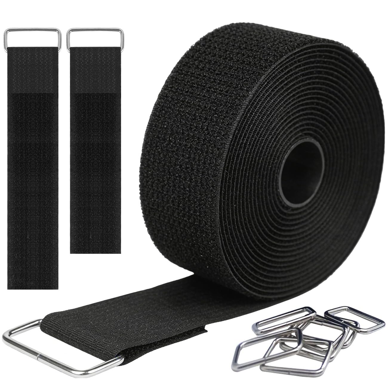 AUMAYCO 5m x 5cm Heavy Duty Hook and Loop Straps with 10 Metal Buckles, Adjustable Fastening Cable Ties, Free Cut Length, Reusable Nylon Cable Tidy Straps for Office Home and Wire Organiser