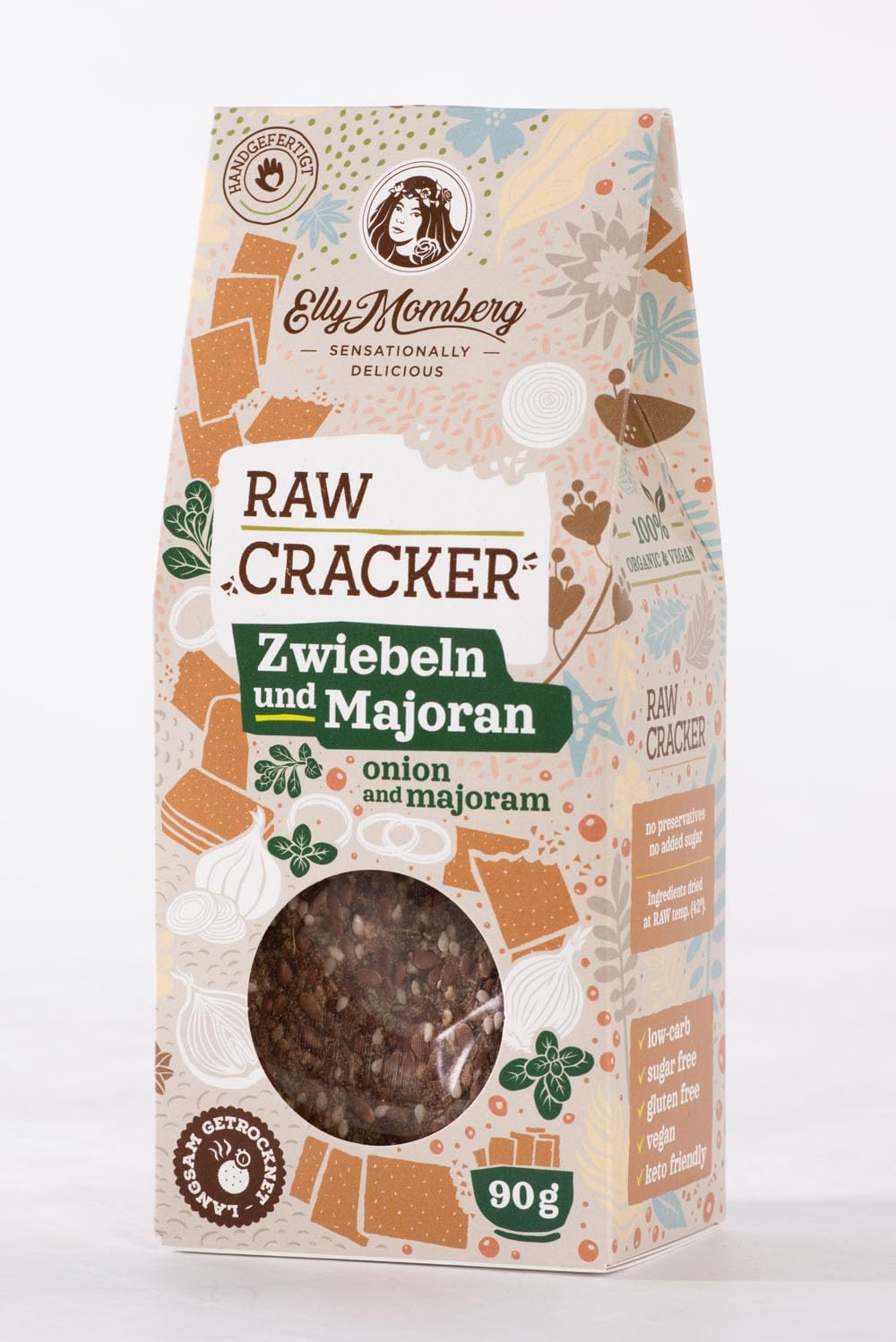 Elly Momberg Bio Leinsamen Cracker Keto 90g (Zwiebel & Majoran) – Low Carb, Glutenfrei, Vegan, Ohne Zuckerzusatz – Rohkost Crackers mit Zwiebel & Majoran, Ballaststoffreich, Gesunder Snack