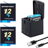2-Pack Hero 12/11/10/9 Batteries with 3 Channel Battery Charging Station Power Fast Portable Accessory Fully Compatible with Hero 12, Hero 11, Hero 10, Hero 9 Black Sport Action Camera 2000mAh