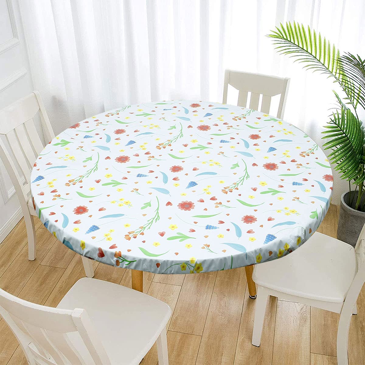 Waterproof Round Tablecloth, Elastic Edged Fitted Flannel Backed Table Cover Stain Resistant Oil-proof PVC Table Protector Cover for Dinning Room Kitchen Picnic Party (Red Flowers, 110-140cm)