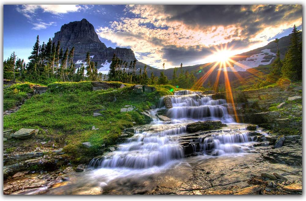 Yumeart Canvas Painting Wall Art Poster Print Mountain Sunrise Landscape Canvas Art Painting Forest Stream Home Decor Pictures (8x10inch Unframed)
