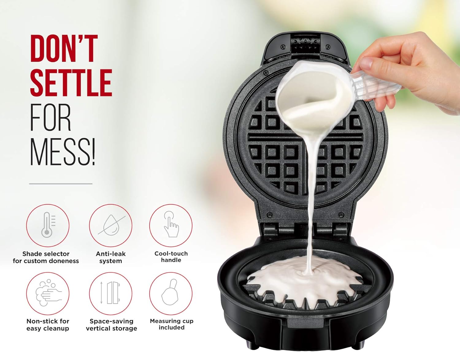 Chefman Anti-Overflow Belgian Waffle Maker w/ Shade Selector, Temperature Control, Mess Free Moat, Round Iron w/ Nonstick Plates & Cool Touch Handle, Measuring Cup Included, Black: Kitchen & Dining
