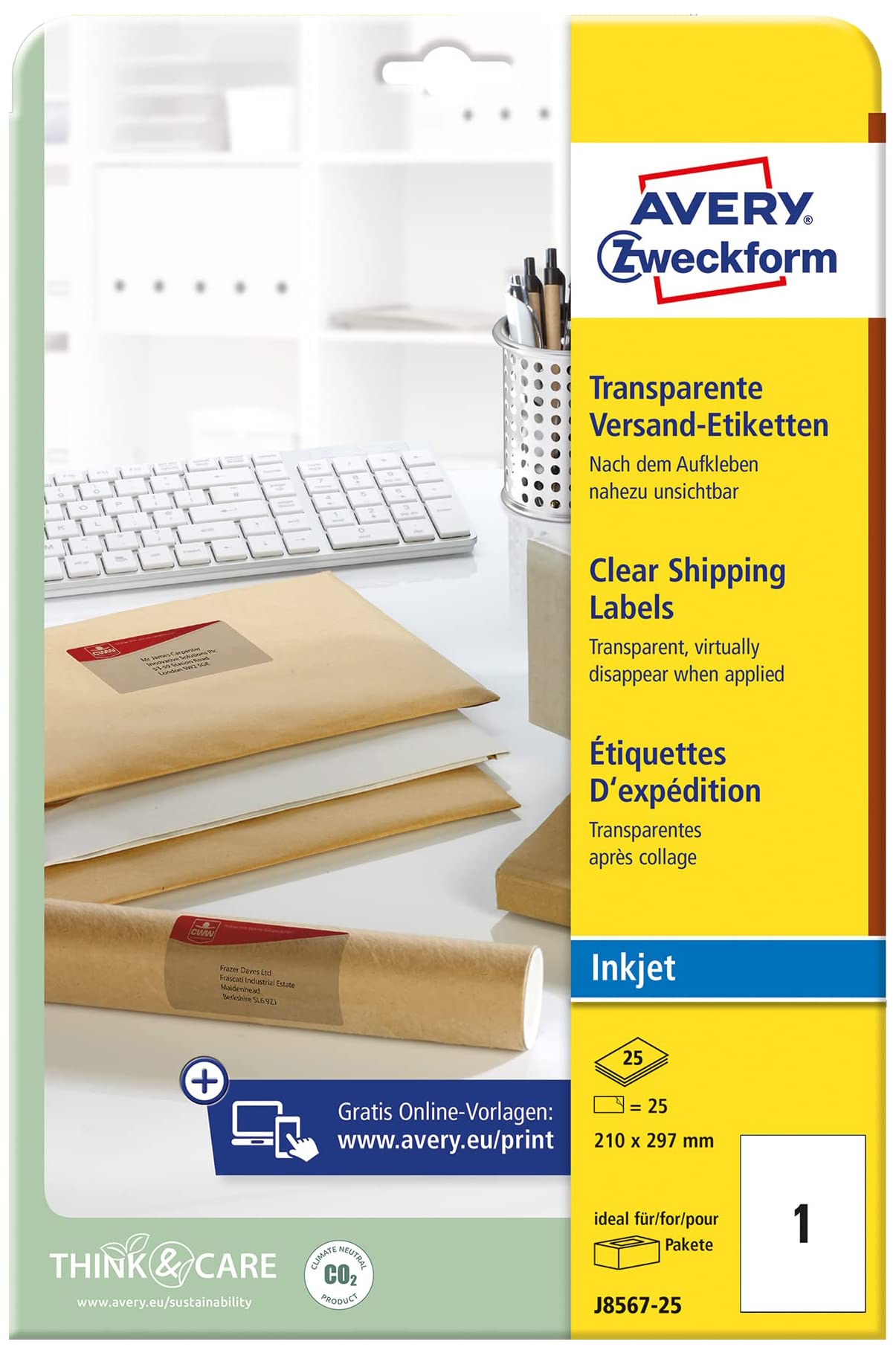 Avery Zweckform J8567-25 Shipping Labels 210 x 297 mm 25 Pack of 25 Labels Transparent