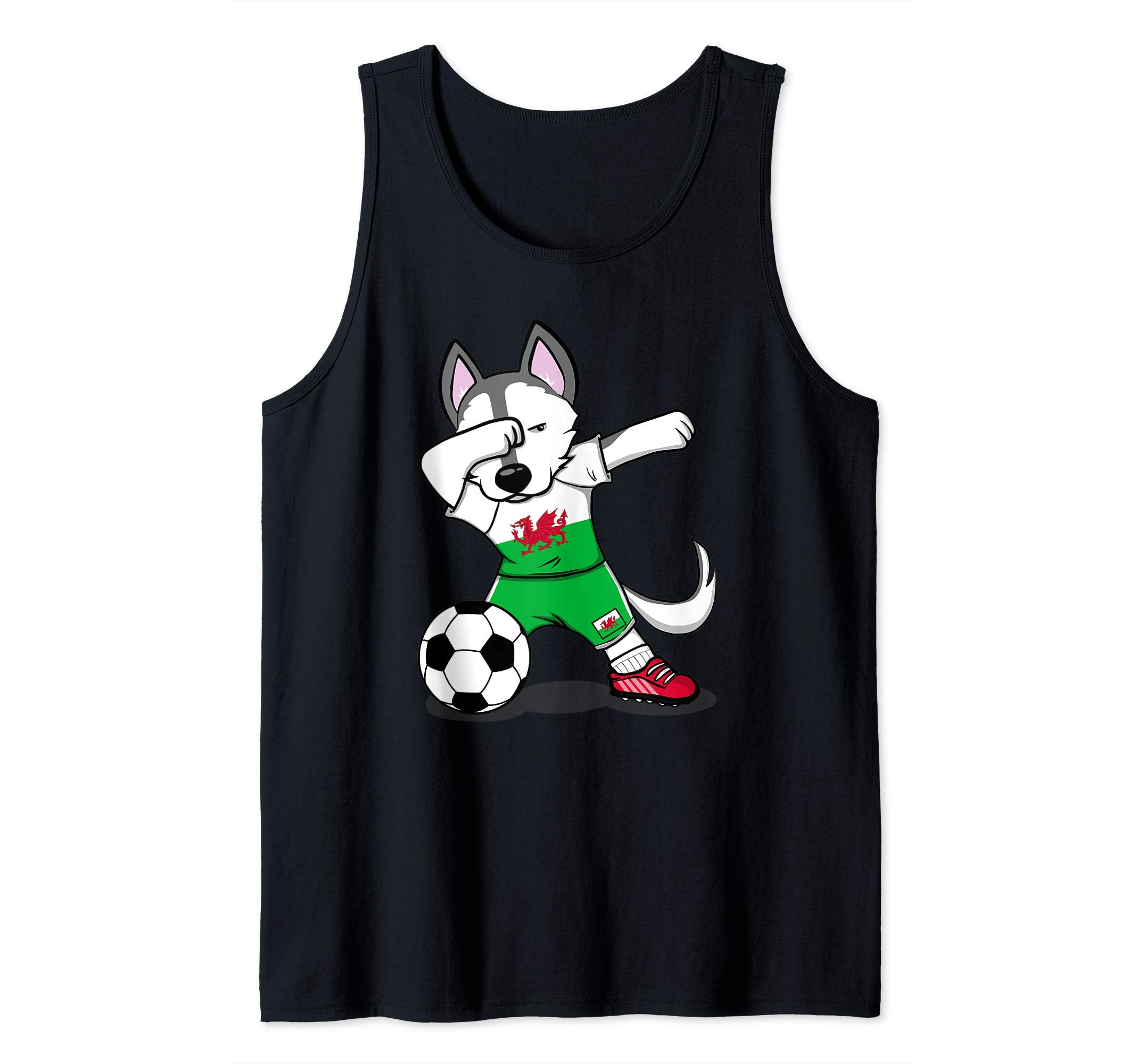 Funny Dabbing Husky Dog Wales Football - Welsh Flag Soccer Tank Top