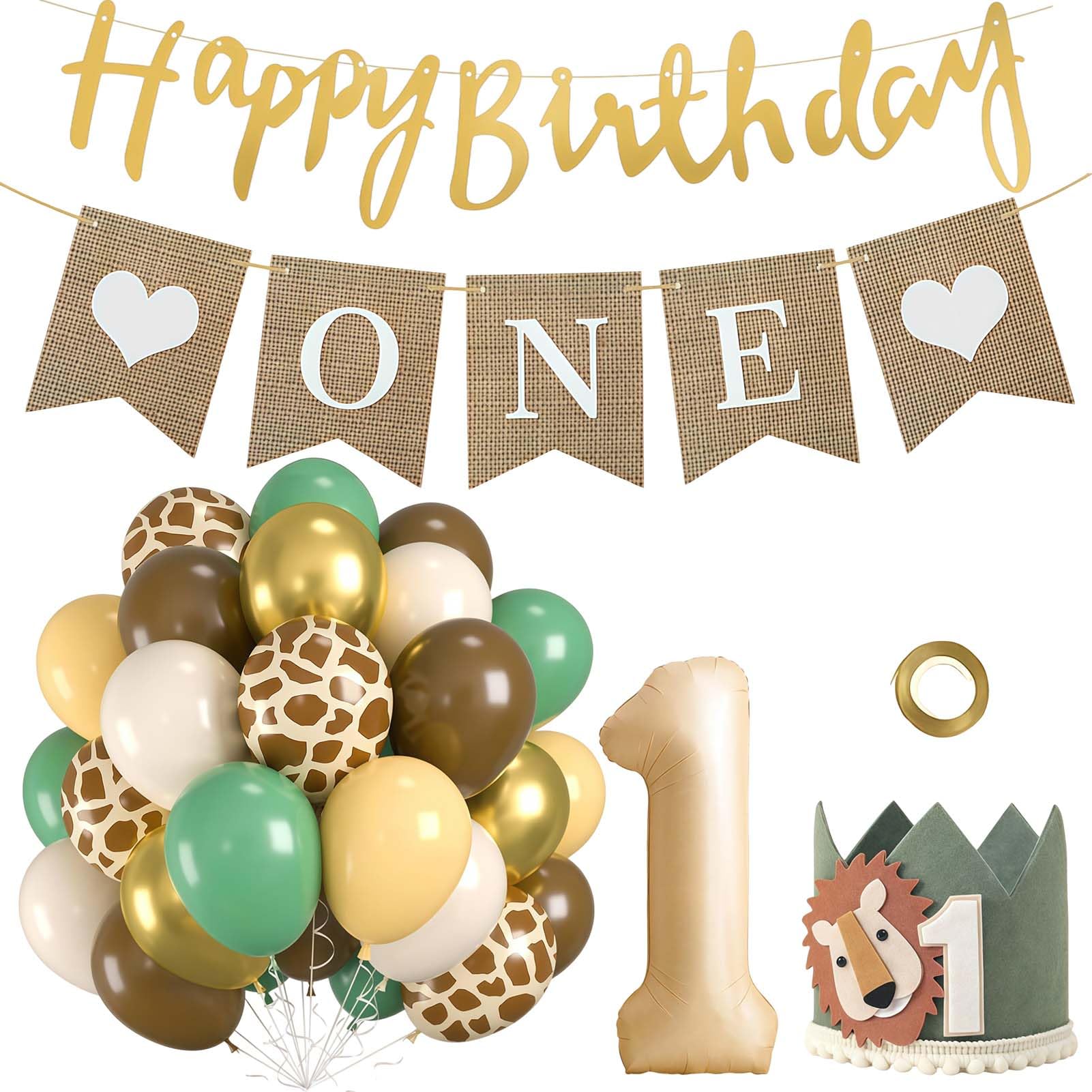 1st Birthday Decorations for Boys Girls, 33 PCS Wild One Birthday Decorations with 32 inch1st Foil Balloons, ONE flag, Jungle Balloons and a Dark Green Hat for Jungle Theme Party