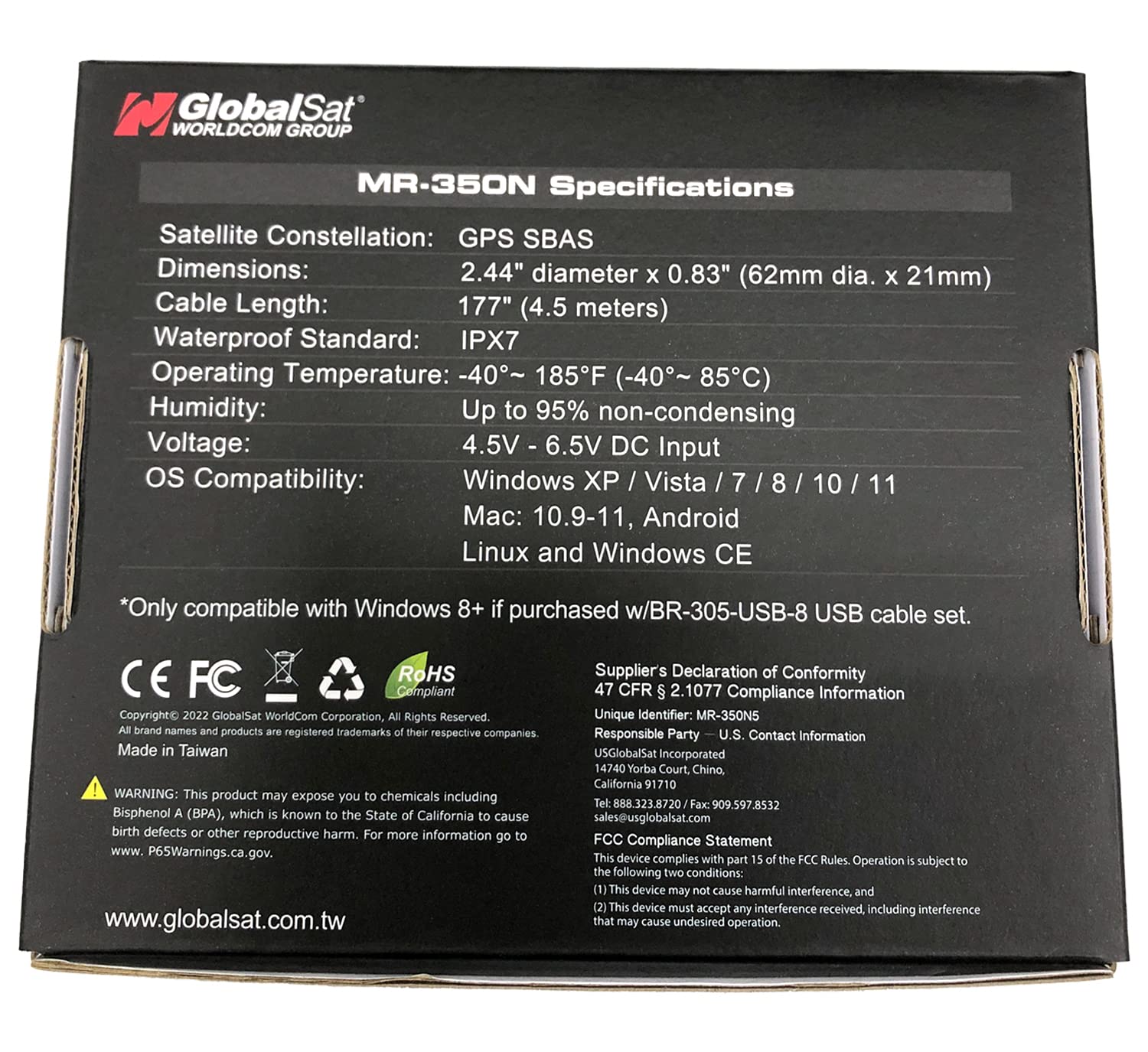 GlobalSat MR-350N GPS Receiver, Black, Made in Taiwan