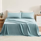 TOSMO 100% French Linen Sheets Set, Breathable and Durable Linen Flax Bedding 4 Pcs Set for Hot Sleepers - 1 Flat Sheet, 1 Fitted Sheet, 2 Pillowcases - (Aqua, Queen)
