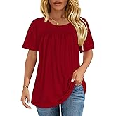 Womens T Shirts Short Sleeve Tops Casual Pleated Front Blouses Flowy Scooped Neck Summer Outfits