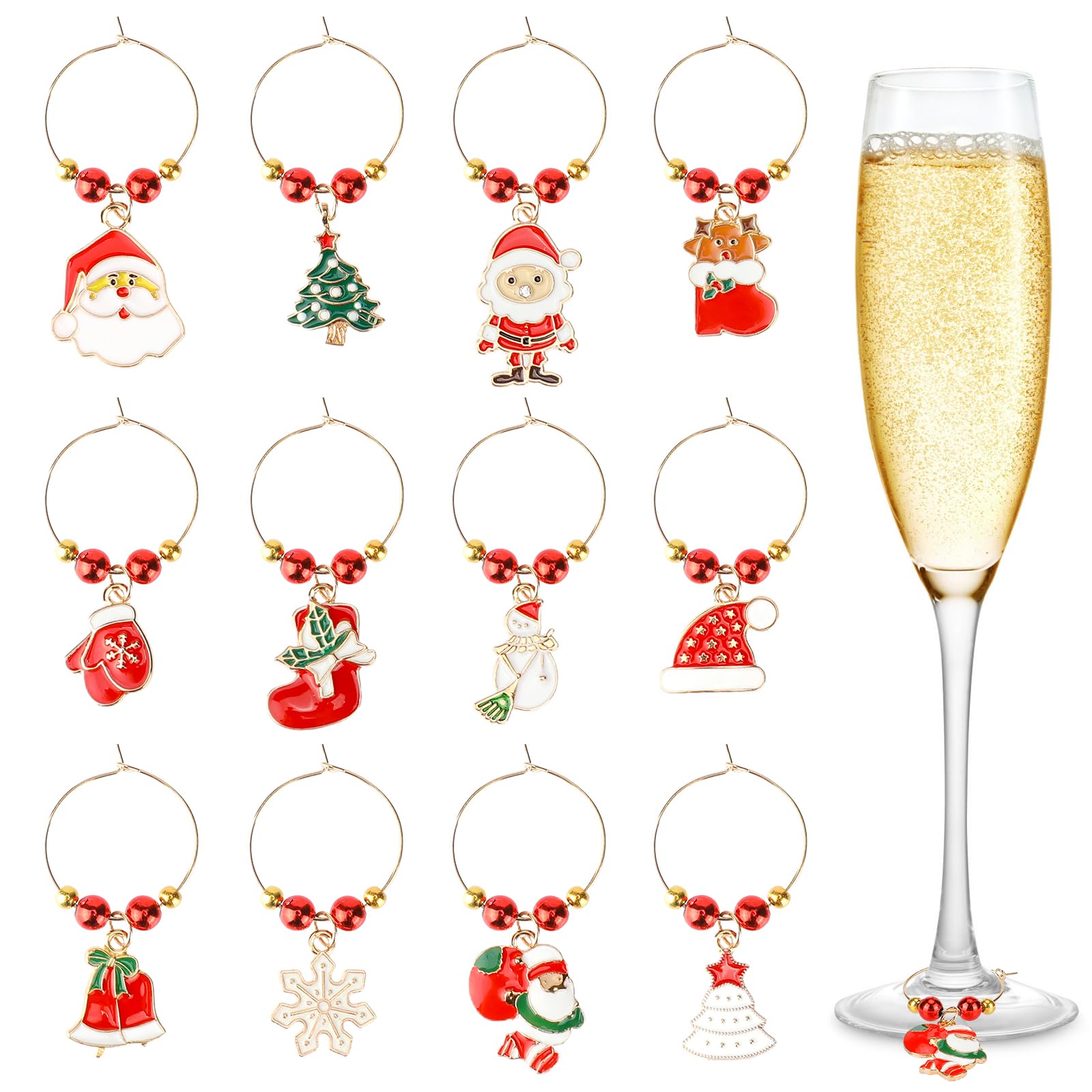 SRIZIAN 12Pcs Christmas Wine Glass Charms, Christmas Tree Snowflake Snowman Style Wine Glass Markers Wine Glass Identification Tags for Stem Glasses Party Decorations