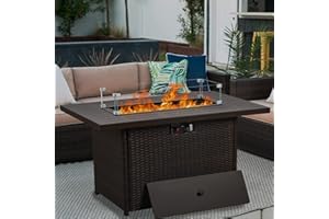 Vakollia Propane Fire Pit Table,44 Inch 55000 BTU Outdoor Gas Fire Pit Rectangular with Glass Wind Guard for Outside Patio Deck (Brown-Aluminum Top)