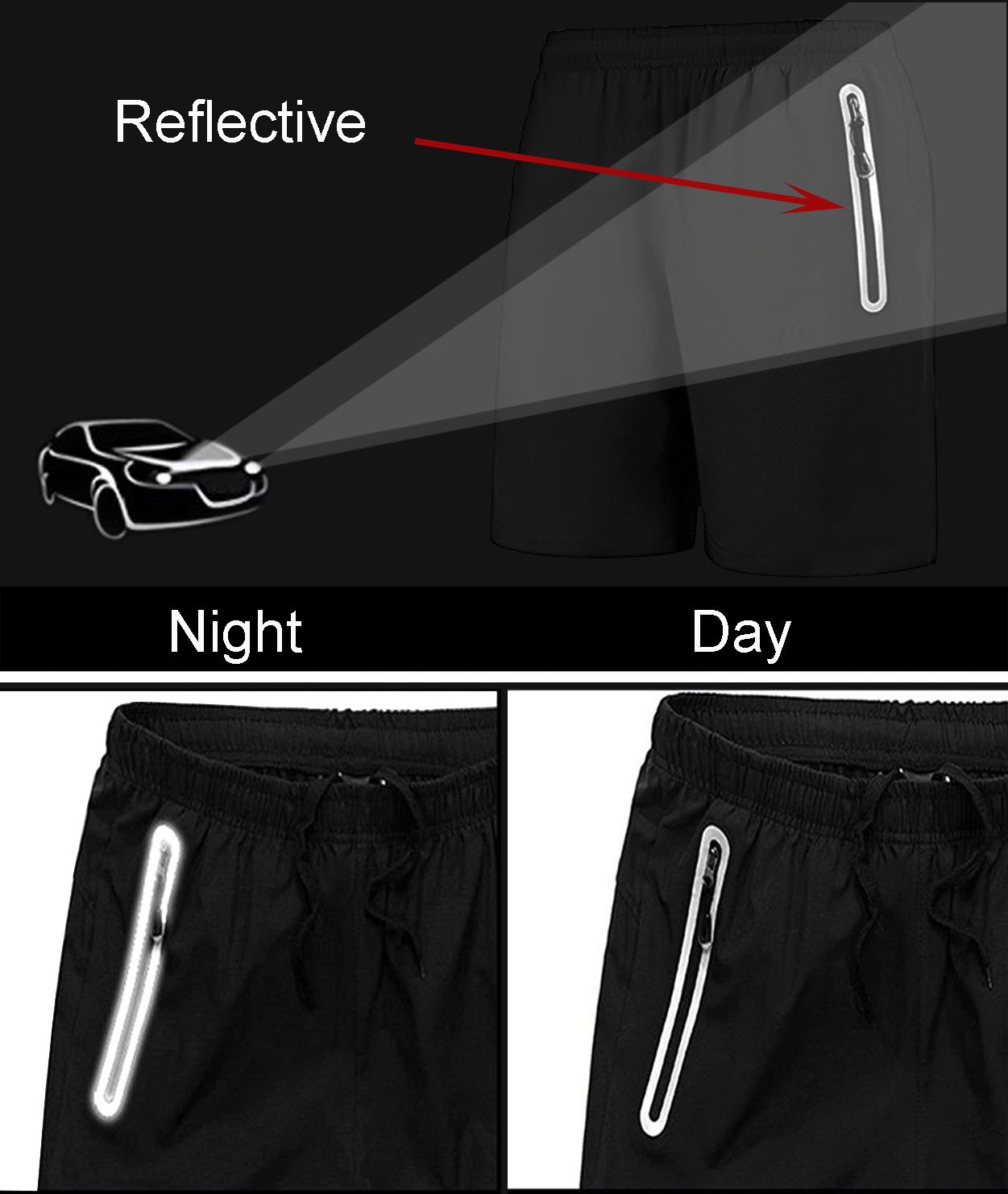 SuperArt Men\'s Gym Shorts Outdoor Sports Running Beach Shorts Lightweight Quick Dry Shorts Reflective with Zipper Pockets (Black, Medium)