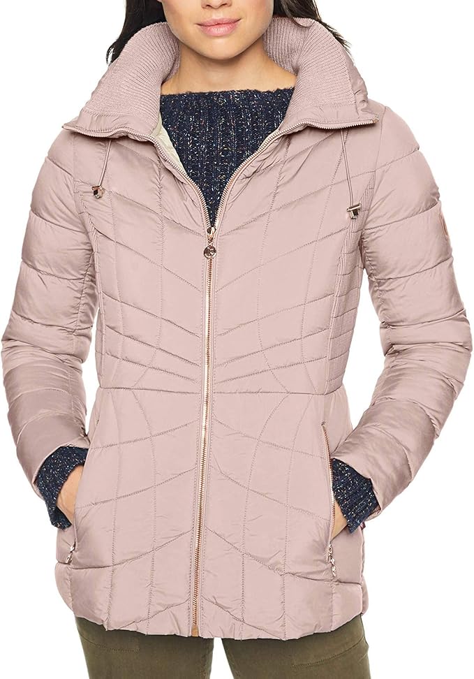 BERNARDO Women's Packable Zip Puffer Jacket with Rose Gold