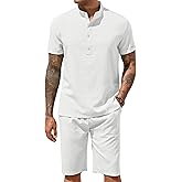 COOFANDY Men's 2 Pieces Set Short Sleeve Henley Shirts and Shorts Pants Texture Summer Beach Vacation Outfits