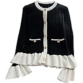 SOLY HUX Women's Crew Neck Elegant Button Up Cardigan Ruffle Long Sleeve Knit Sweater Office Outfit
