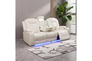 Anthato Power Theater Recliner Sofa Couch with LED, Breathing Leather Reclining Couch, Recliner Furniture for Living Room with Storage/Cup Holders/Read Light/Home Theater Seat, Cream White(3 Seater)