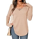 Tankaneo Womens Long Sleeve V Neck Shirts Loose Fit Casual Tunic Tops Curved Hem Criss Cross with Thumb Hole T Shirt