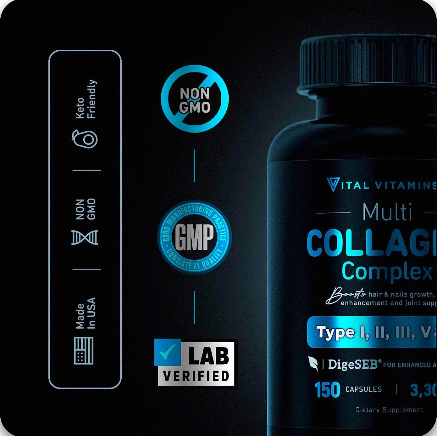 Multi Collagen Pills (Types I,II,III,V,X) 150 Capsules 3300 mg Grass Fed Collagen Peptides Enhanced Absorption for Anti-Aging, Hair Growth & Nails, Healthy Joints & Skin, Hydrolyzed Protein Supplement: Health & Personal Care