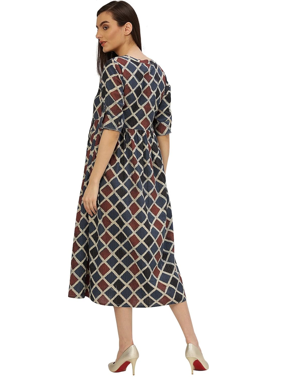 desi fusion women's a-line geometric print cotton kantha dress